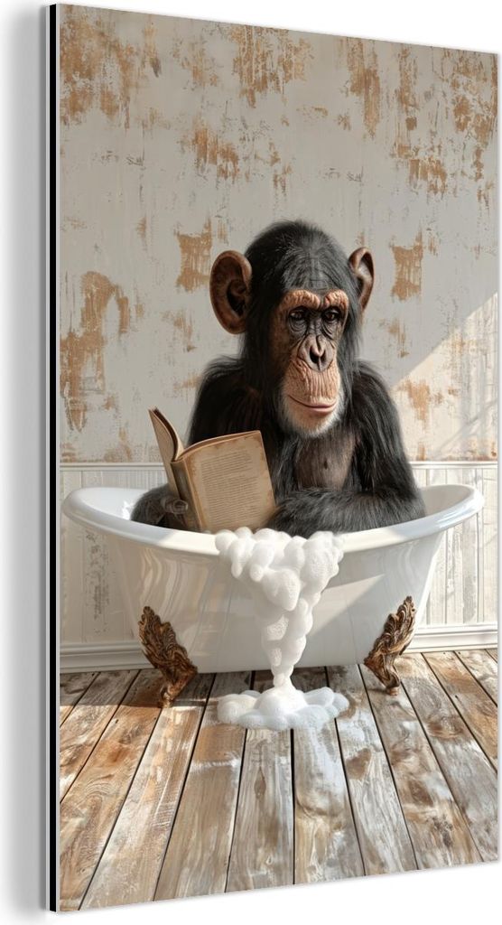 MuchoWow Wanddekoration Metall Metallbild Wandkunst 60x90 cm Vintage - Affe - Badewanne - Schaumstoff - Tier MuchoWow Aluminium Gemälde - Wandbild...
