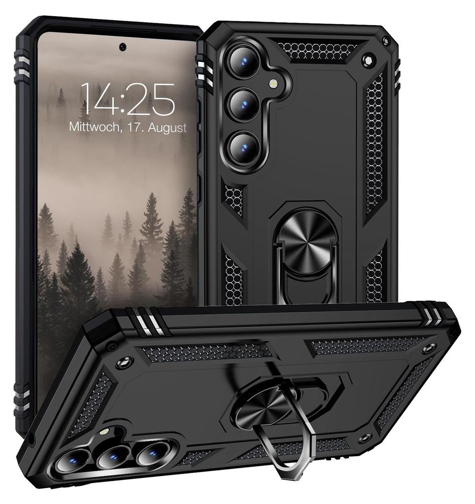 A black protective phone case with a ring holder is shown from multiple angles, with a phone inside one of the cases displaying the time and date.