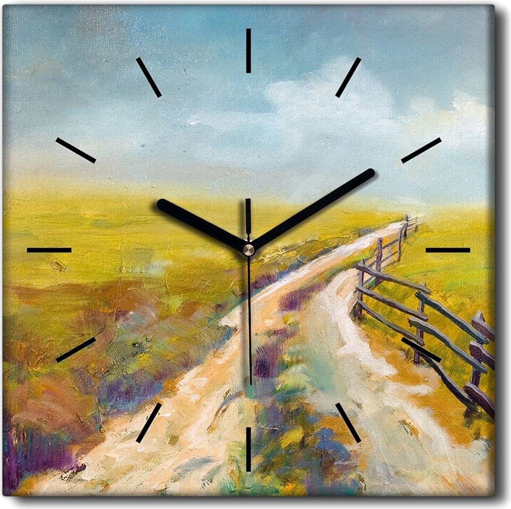 Coloray Uhr auf Leinwand 30x30 cm Wand Uhr Dekoration Wohnzimmer Segeltuch schwarze Hände -Wiese Landschaftsstraße