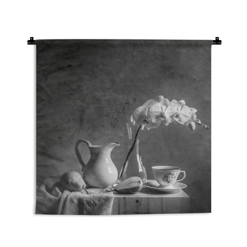 MuchoWow Wandteppich Wandbehang Tisch - Stilleben - Schwarz - Weiß 150x150 cm Tapisserie Dekoration Wandtuch - Wohnaccessoires - Modernes