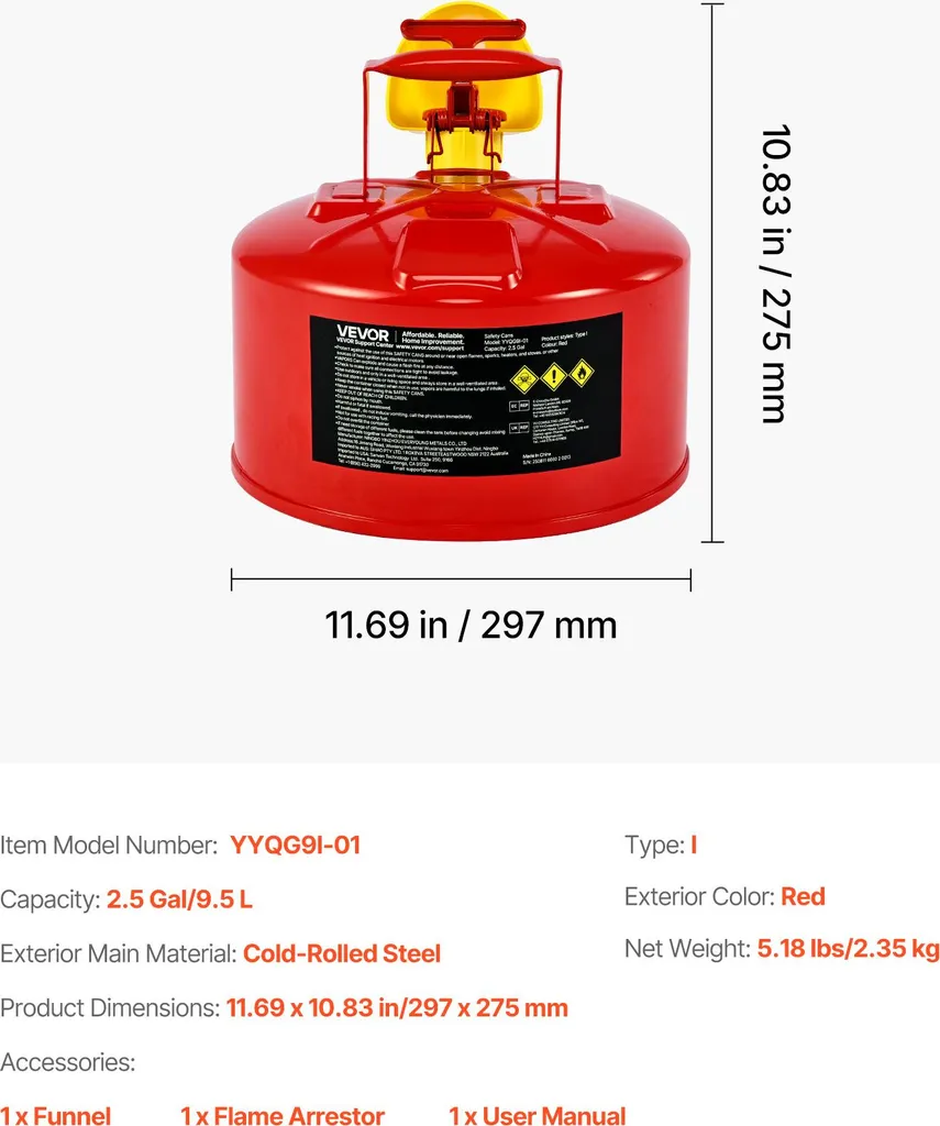 Tanica di sicurezza VEVOR, 9,5 L tipo I, contenitore di sicurezza rosso per benzina con parafiamma in acciaio inox, coperchio autochiudente e imbuto in PE, contenitore per sostanze infiammabili, rosso - 7