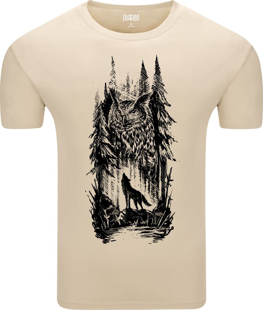 Diarbo Herren T-Shirt mit Aufdruck Wildtierporträts Wolf und Eule Beige Gr.XXL
