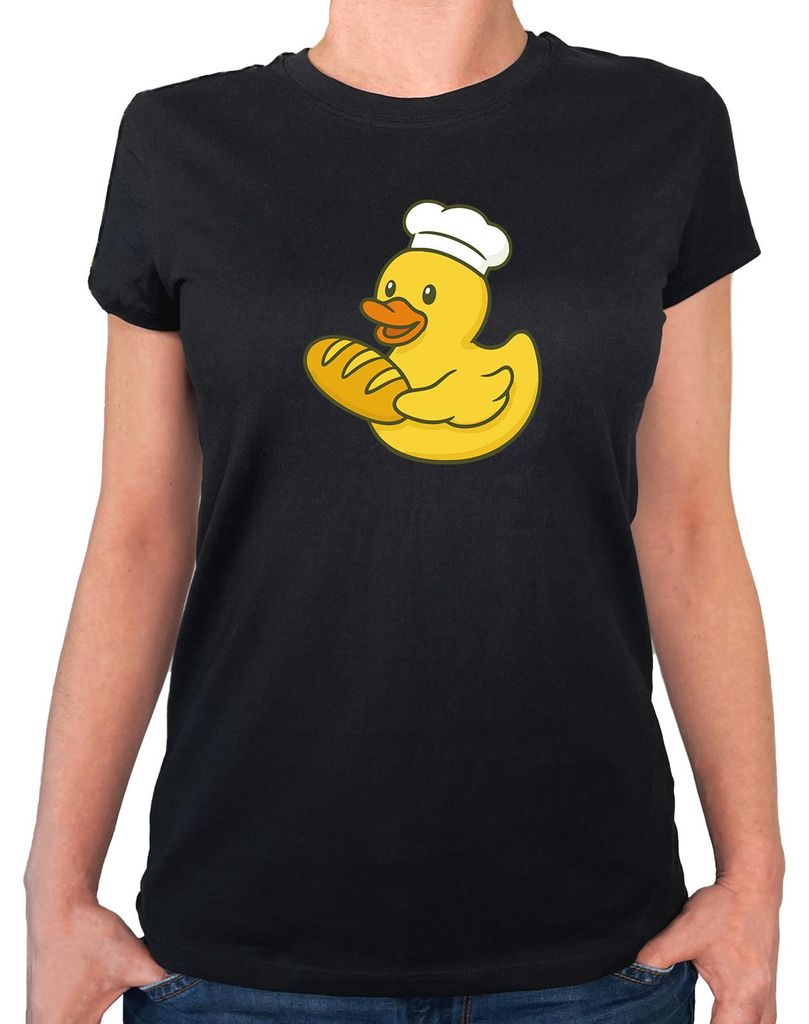 Huuraa Damen T-Shirt Quietscheente Bäckerei Comic Gummiente M Black Bio Baumwolle Fairtrade Damenshirt Geschenkidee