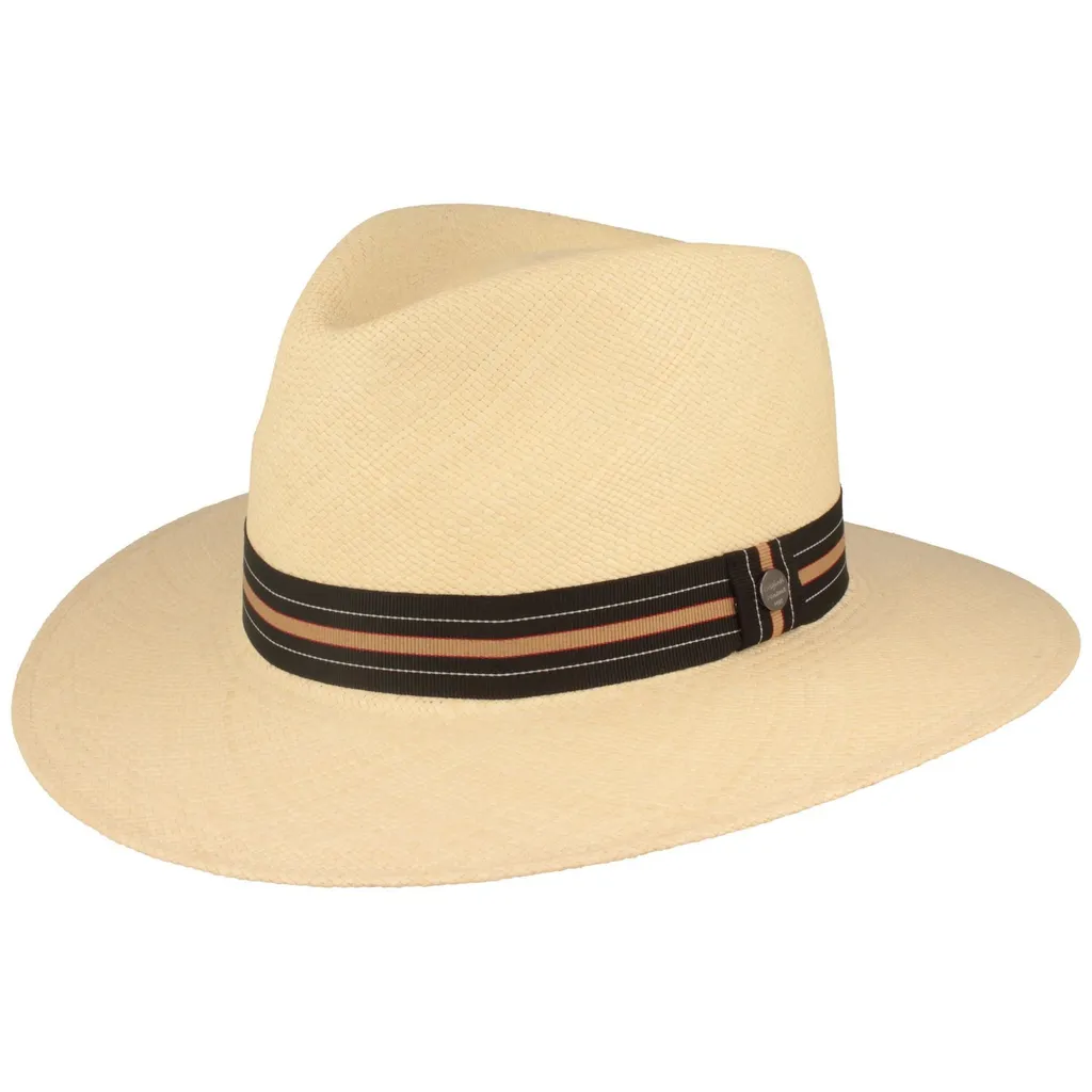 Ampio cappello panama con fascia a righe e protezione UV 50 di Hut-Breiter