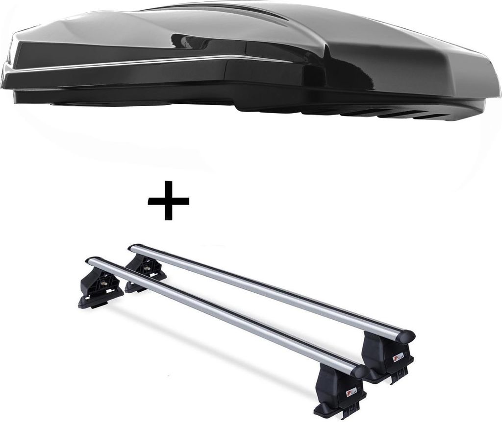 DACHBOX STRIKE 440 Liter schwarz hochglanz + Dachträger Menabo Tema kompatibel mit Daihatsu Charade 2011-2013