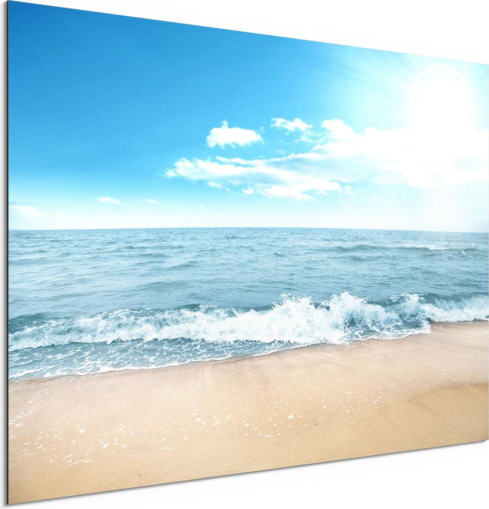 DEQORI Alu-Dibond Bild Weiß 60x40 cm 'Wellen am Strand' Wandbild Metall dünn Design