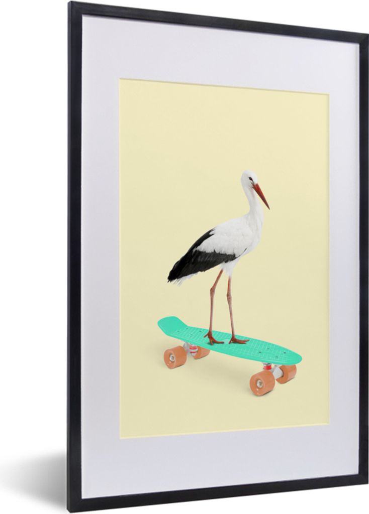 MuchoWow Gerahmtes Poster Storch - Weiß - Tiere - Skateboard - Schwarz 40x60 cm - Poster mit Schwarzem Bilderrahmen Wandposter Rahmen Foto Bilde...