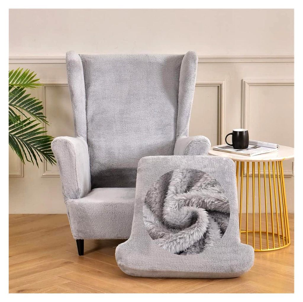 2-teiliger Plüschbezug für Ohrensessel, einfarbige Schonbezüge für hohe Rückenlehnen (grau)
