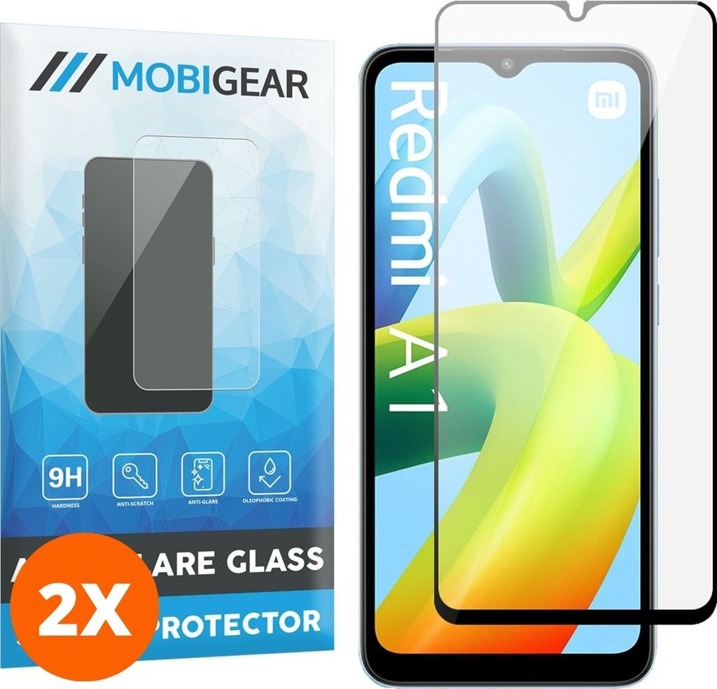 Mobigear Premium 4.99 Xiaomi Redmi A1 4G Panzerglas Gehärtetes Glas Displayschutz - Hüllenfreundlich - Schwarz (2er Pack)