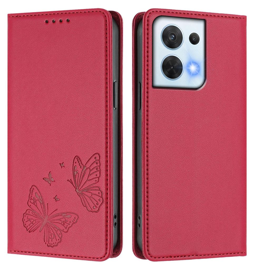 Lederhülle für Oppo Reno8 5G, Schmetterling Prägung Leder Brieftasche Schutzhülle mit Ständer Rot