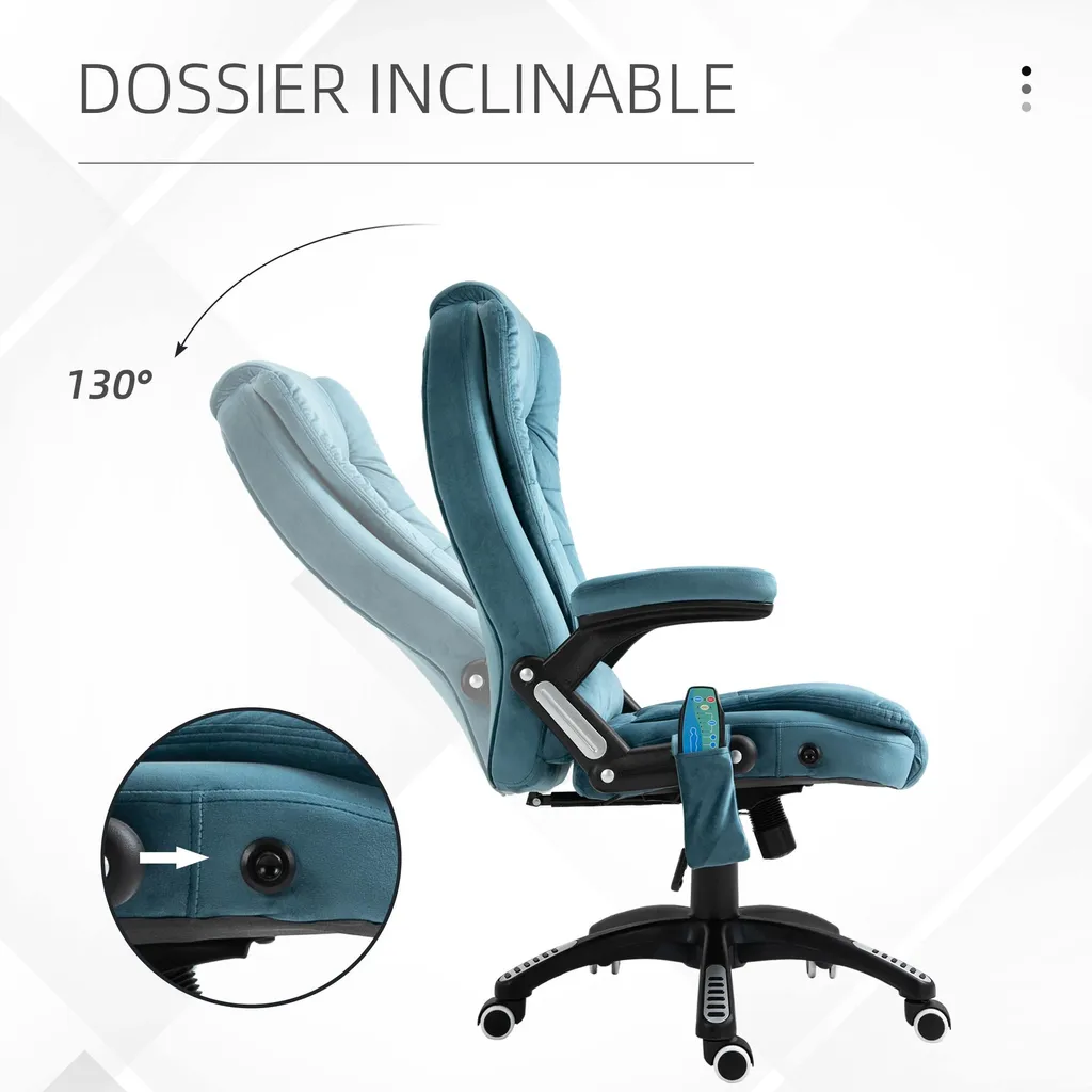 Fauteuil de bureau massant et chauffant en tissu bleu avec télécommande - 8