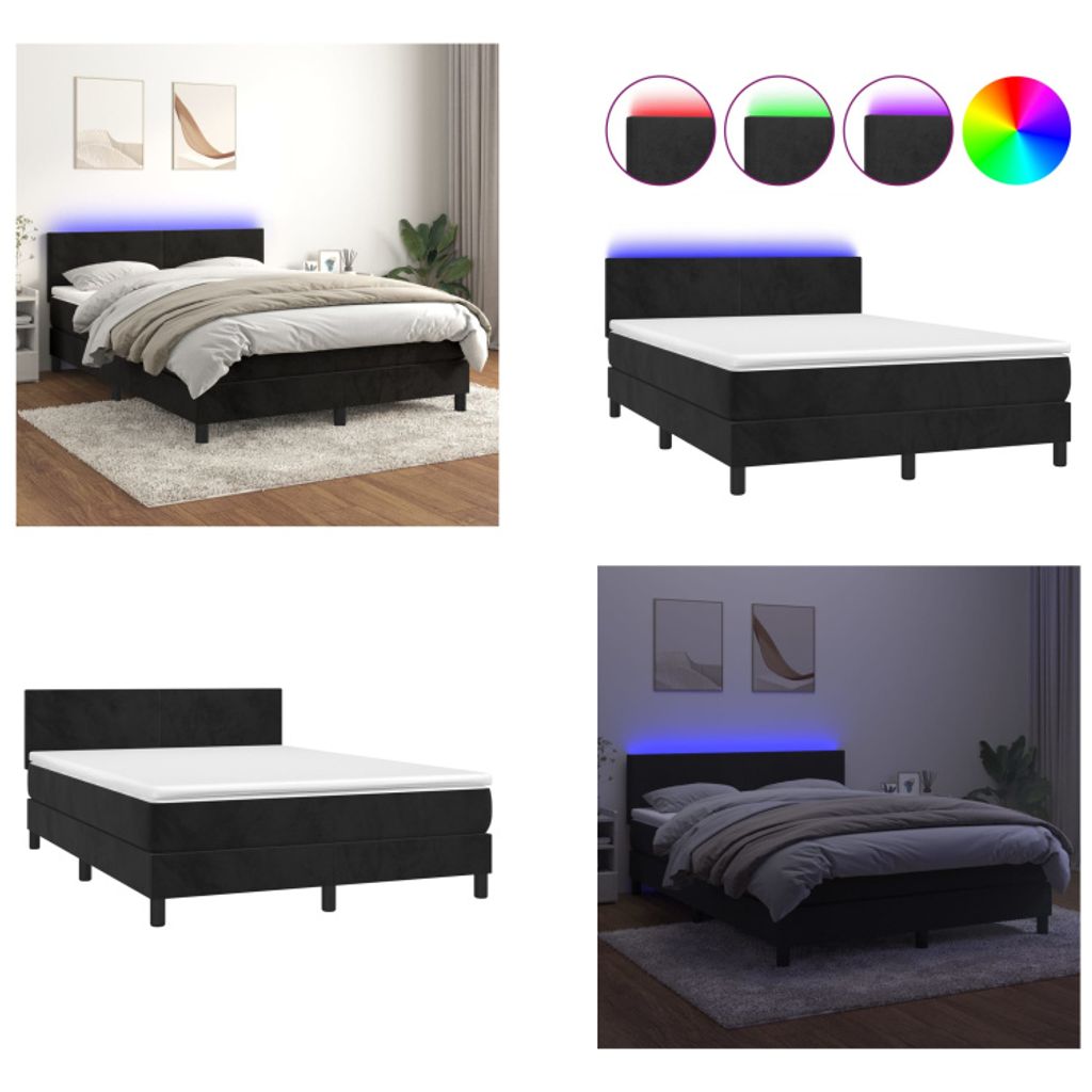 vidaXL Boxspringbett mit Matratze & LED Schwarz 140x200 cm Samt - Boxspringbett - Boxspringbetten - Bett - Betten