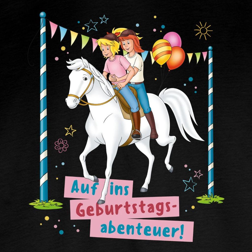 Spreadshirt Bibi & Tina Auf Ins Geburtstagsabenteuer Geburtstag Kinder Premium Langarmshirt, 134/140 (8 Jahre), Schwarz