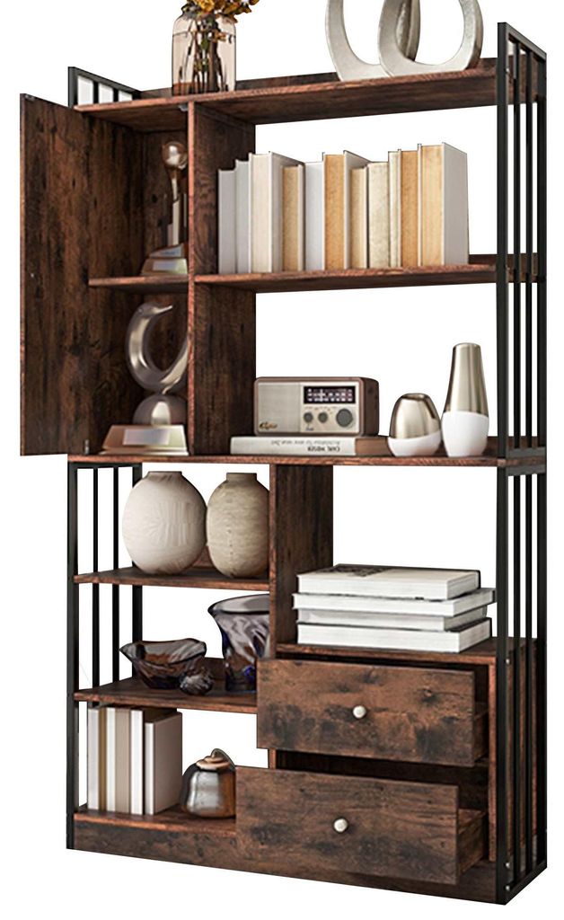 Zimilo Bücherregal Industrie Stil 6 Ebenen, Standregal mit Türen und Schubladen, Stahl Holz Regal Antik Braun für Wohnzimmer Büro