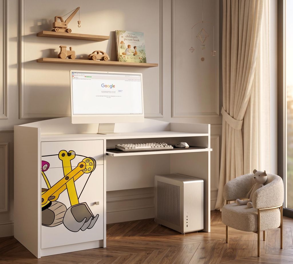 Happy B04 Computertisch Kinder | Schülerschreibtisch Weiß Matt | Kompakter Arbeitstisch mit Tastaturauszug für Mädchen & Jungen, Bagger