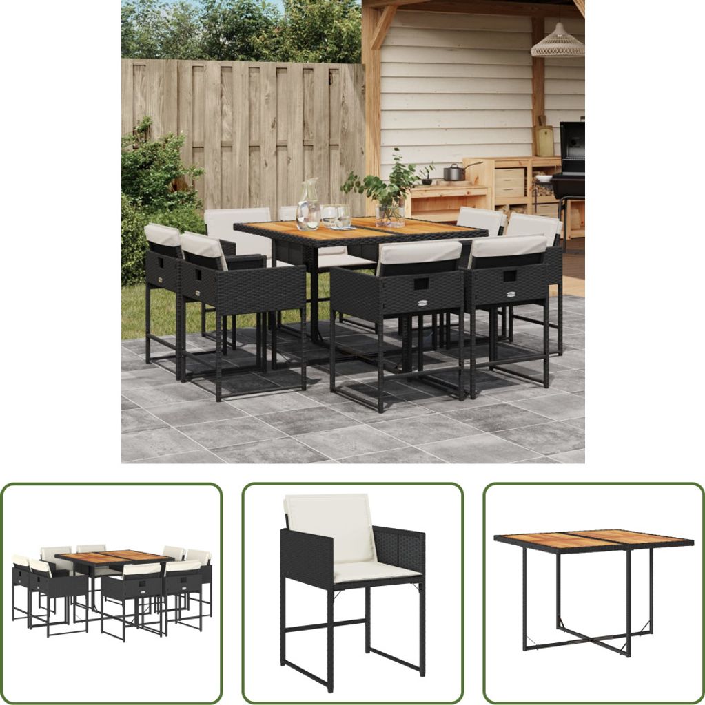 The Living Store 9-tlg. Garten-Essgruppe mit Kissen Schwarz Poly Rattan