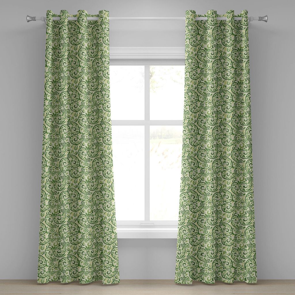 ABAKUHAUS Grün Ösenvorhang, Gewirbelte lockige abstrakte Blätter mit Damast beeinflusst aufwändige Weinlese, Dekorative 2-Panel-Fenstervorhäng...