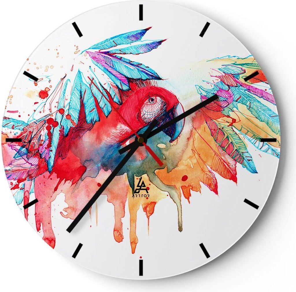 Wanduhr - Rund - Glasuhr - Natur Malerei Papagei Kinder - 30x30cm - Schleichendes Uhrwerk - Lautlos - zum Aufhängen bereit - Dekoration Modern - W...
