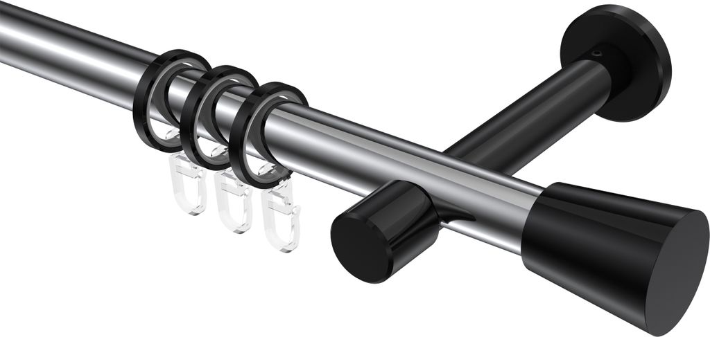 Interdeco Gardinenstange / Vorhangstange Chrom / Schwarz, Typ Prestige Sitra (Konus), 20 mm Ø 1-läufig, 260 cm