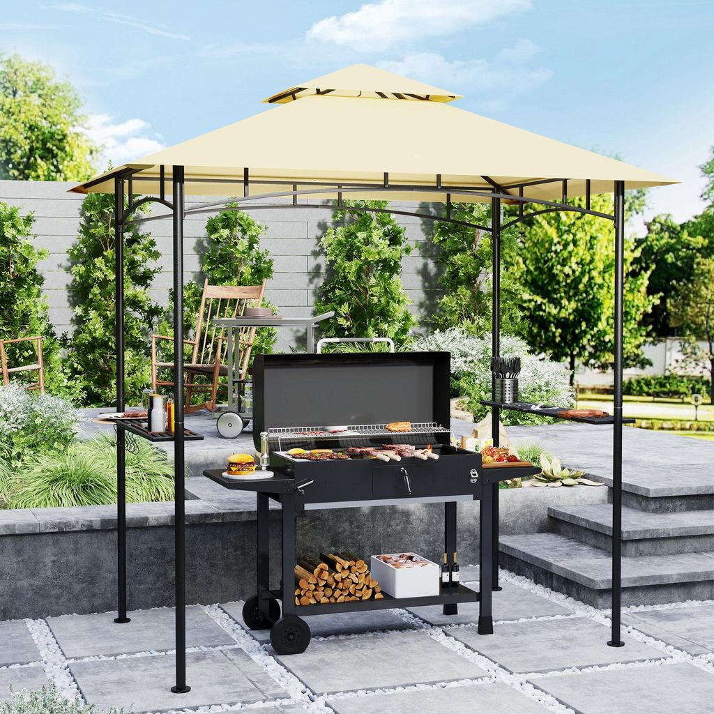 Grillpavillon mit LED 240x150x258cm – wasserabweisend & flammhemmend, Doppelschichtdach, Seitenregale, UV-Schutz, BBQ Pavillon, Beige