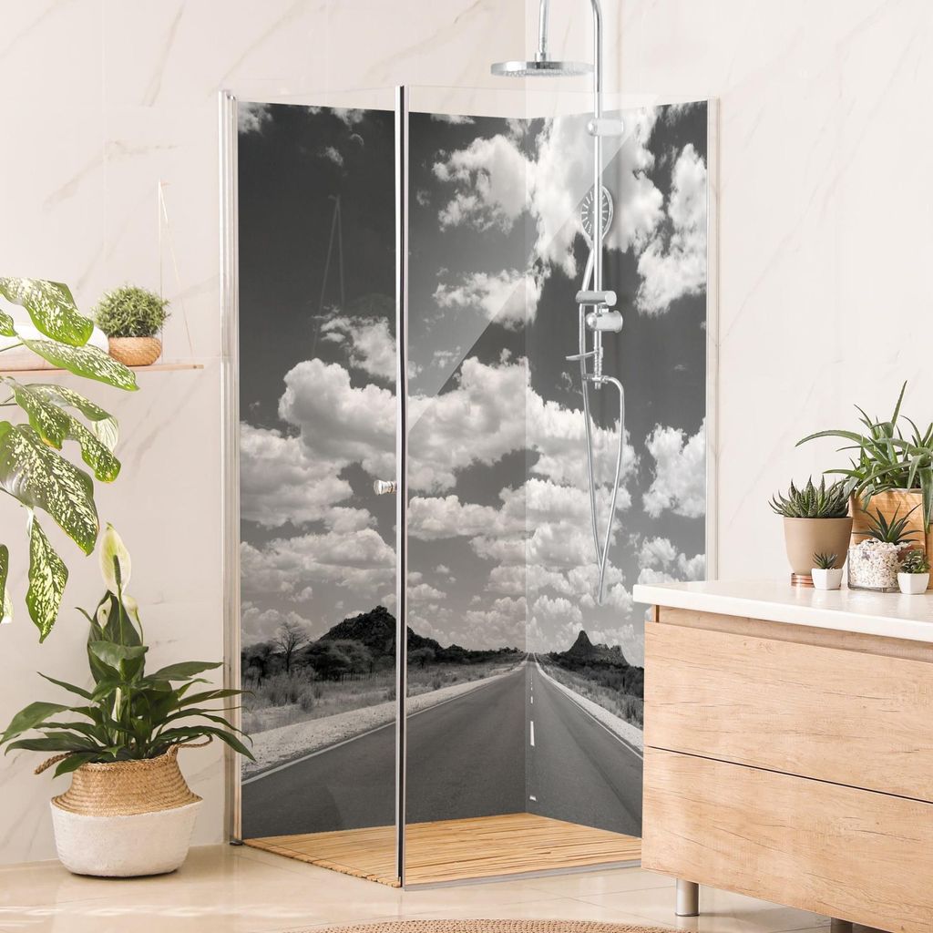 Duschrückwand Natur selbstklebend - 0.35 mm Wandpaneel wasserfest Wolken schwarz weiss Motiv Badrückwand fugenlos Smart matt 100x190 cm
