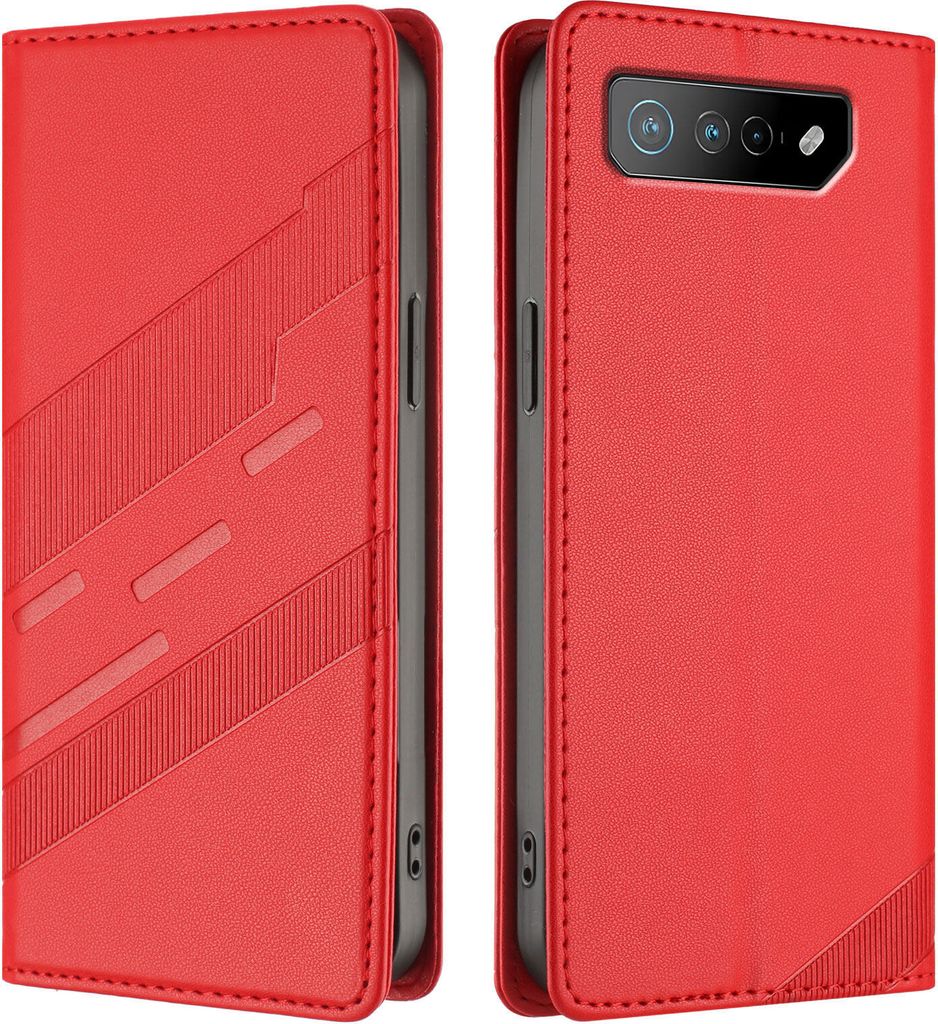 Hülle für Asus ROG Phone 7, Kunstleder Brieftaschen Handyhülle mit Kartenfach und Standfunktion Rot