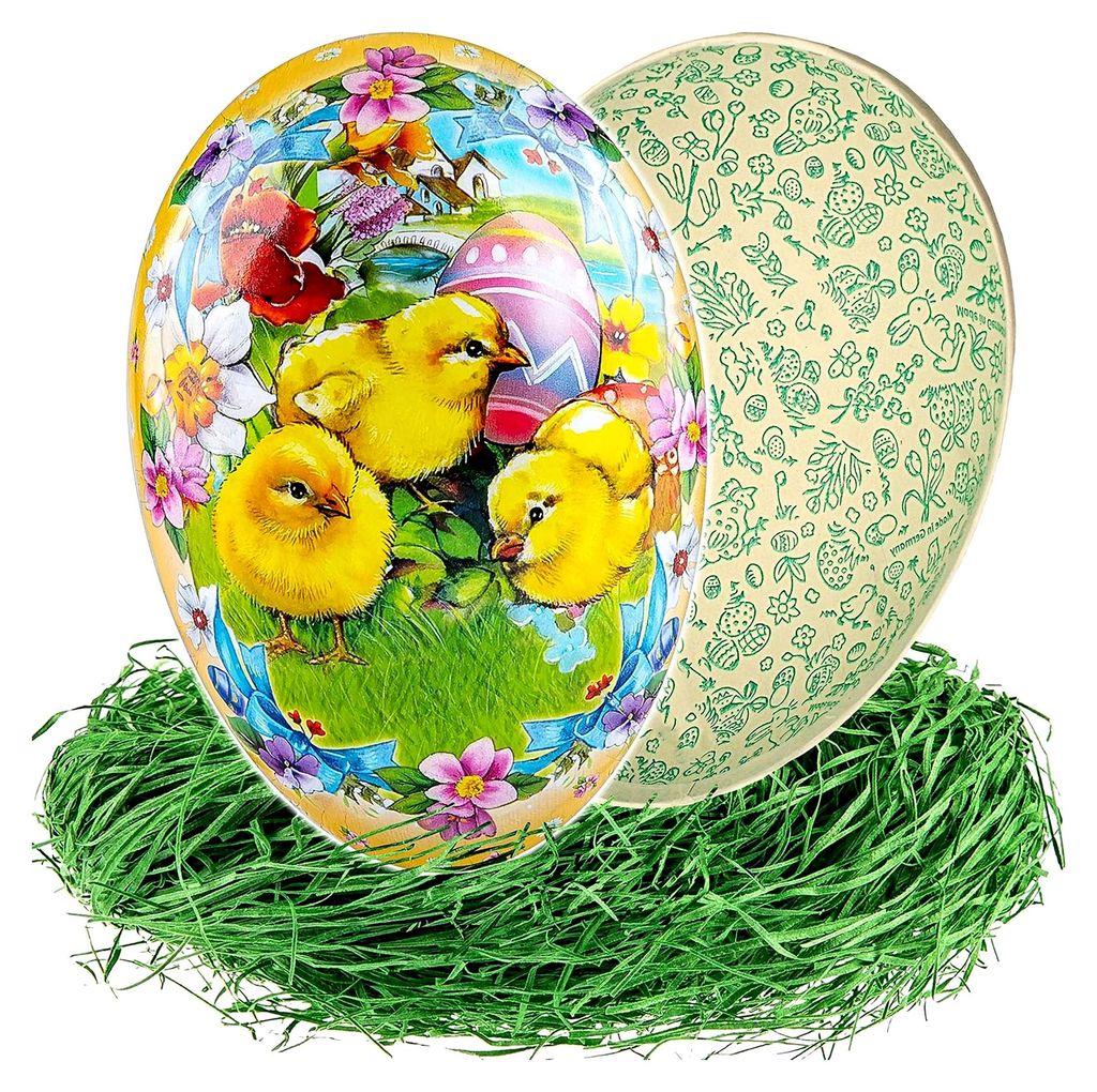 10 Stück Ostereier zum Befüllen + Ostergras, Anzahl wählbar, Küken & Ostereier - 15 cm - Pappei - Deko Pappe