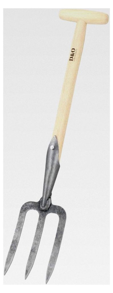 Grabegabel mit 3 Zinken aus geschmiedetem Borstahl und 40 cm T-Stiel aus Eschenholz, Gesamtlänge: 60 cm, Arbeitsbreite: 11,5 cm, Zinkenlänge: 15 cm