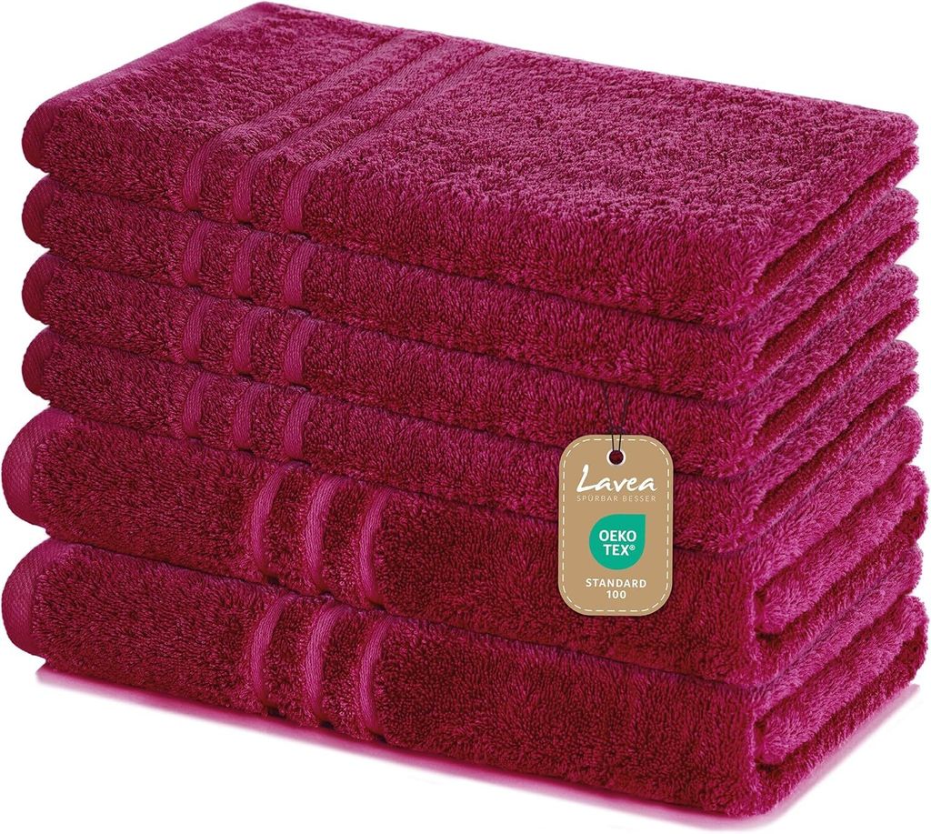 Lavea 6-teiliges Handtuch Set - 100% Baumwolle, 4x Handtuch 50x100 cm + 2x Duschtuch 70x140 cm, Bad & Gäste, Bordeaux