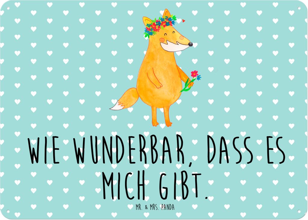 Mr. & Mrs. Panda Schild Fuchs Blumen DIN A5 - Türkis Pastell - Geschenk, wandtafel, Freundin, Retro Blechschild, Liebe, Blume, tafel, Selbstbewuss...