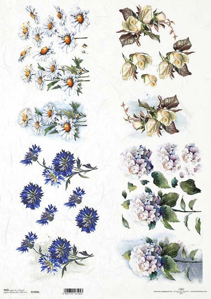 Reispapier für Decoupage A3 ITD-1090L Gänseblümchen, Kornblumen, Hortensien, Rosen