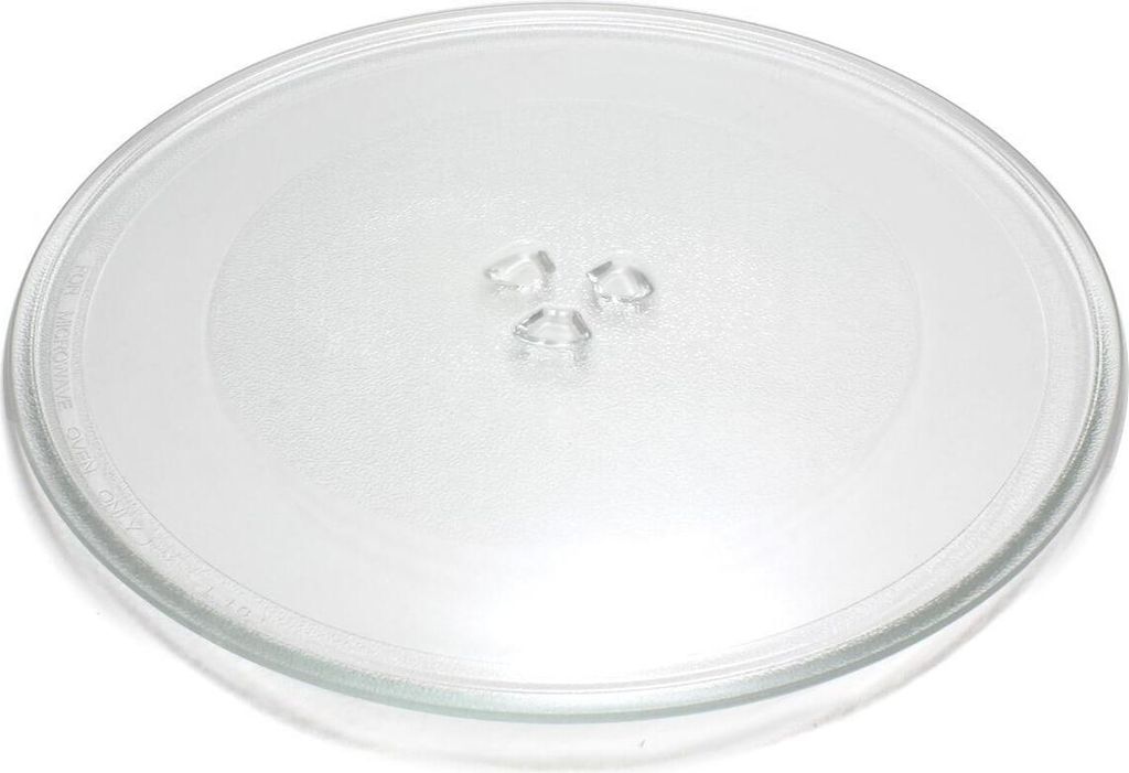 A clear glass turntable for a microwave oven, shown from a slightly elevated angle against a white background.