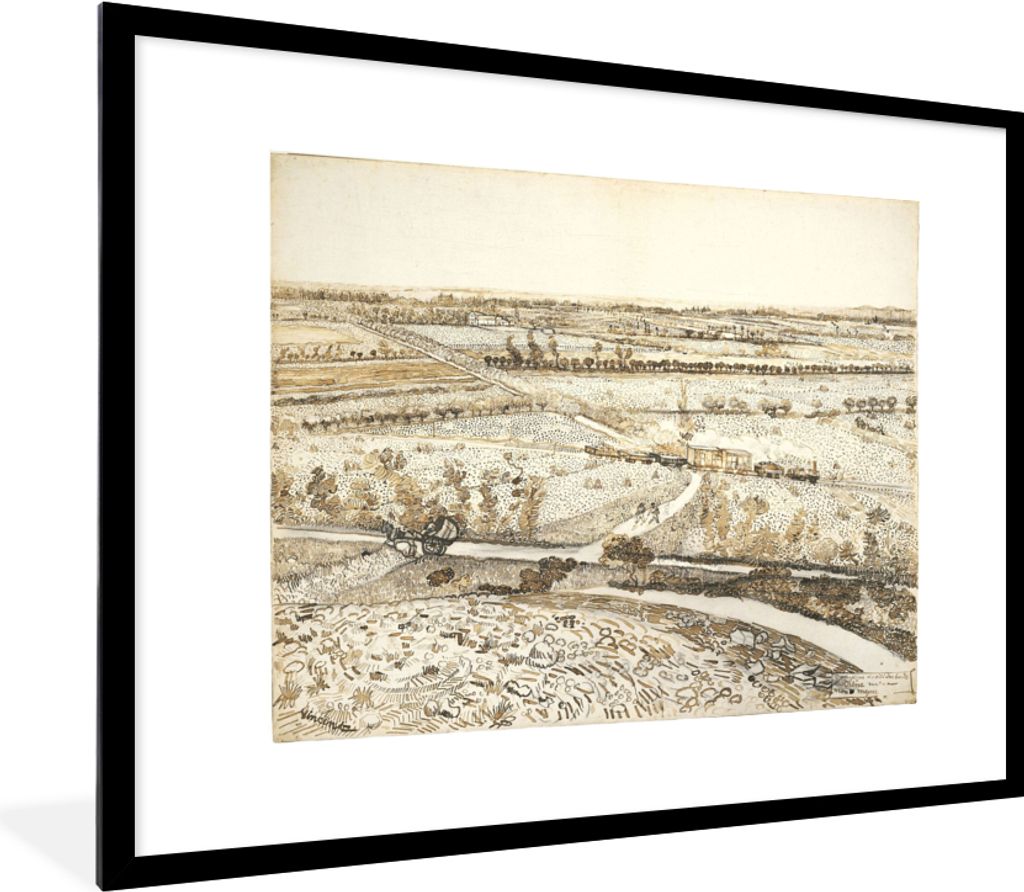 MuchoWow MuchoWow Gerahmtes Poster La Crau vom Montmajour aus gesehen - Vincent van Gogh 80x60 cm - Poster mit zchwarzem Bilderrahmen - Schlafz...