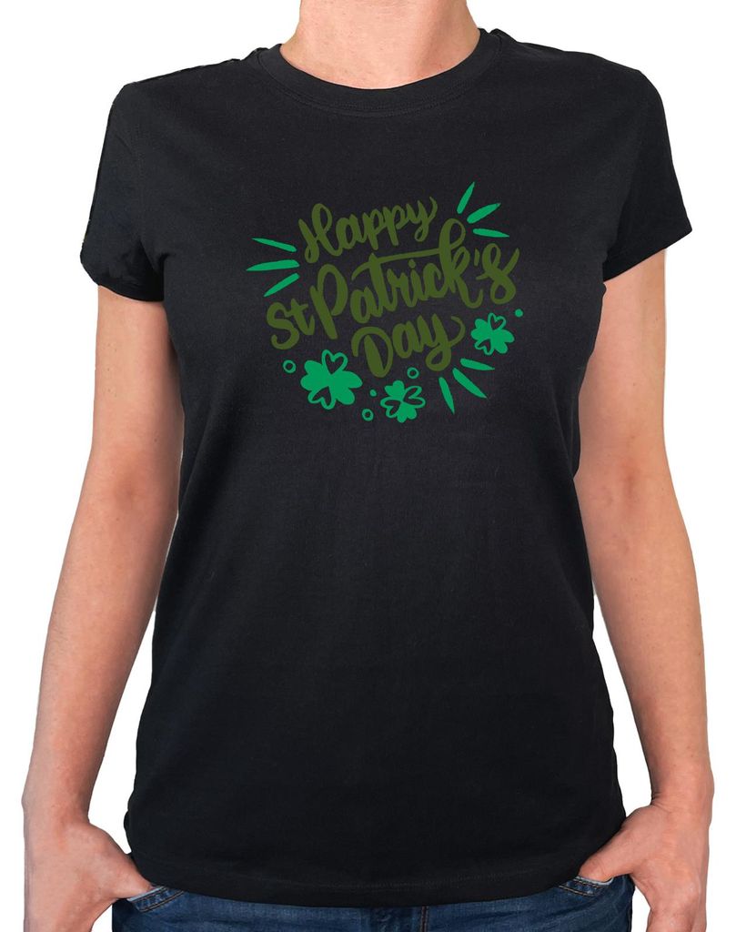Huuraa Damen T-Shirt St. Patrick’s Day Kleeblatt XL Black Bio Baumwolle Fairtrade Damenshirt Geschenkidee