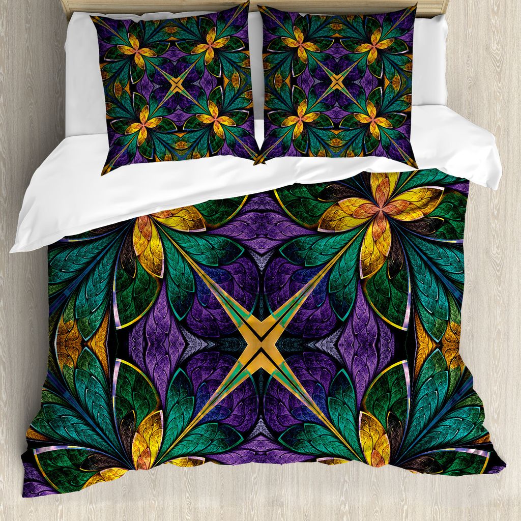 ABAKUHAUS Blumen Bettbezugs Set Für Doppelbetten, Antiker Fenster-Stil, Milbensicher Allergiker geeignet mit Kissenbezügen, Lila Grün