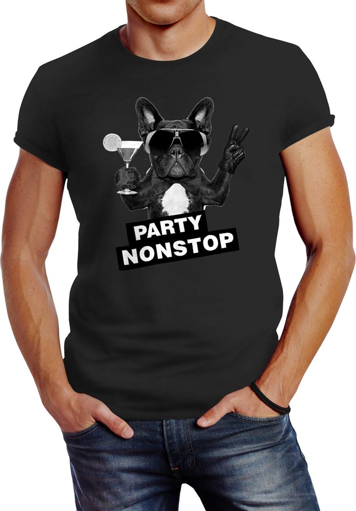 Herren T-Shirt Party Nonstop Mops French Bulldog Slim Fit Neverless anthrazit XXL