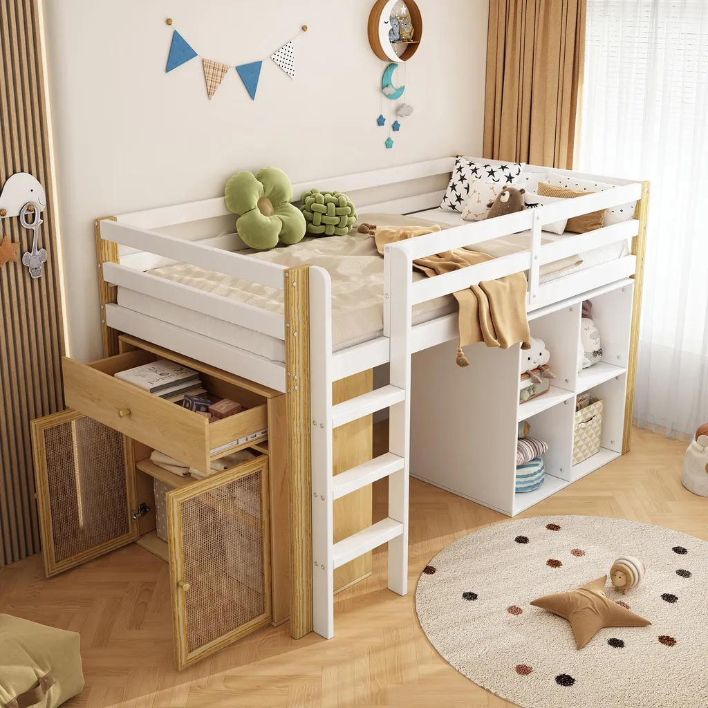 Lit Mezzanine Gain de Place 90x200 cm pour Chambre Enfant avec Stockage