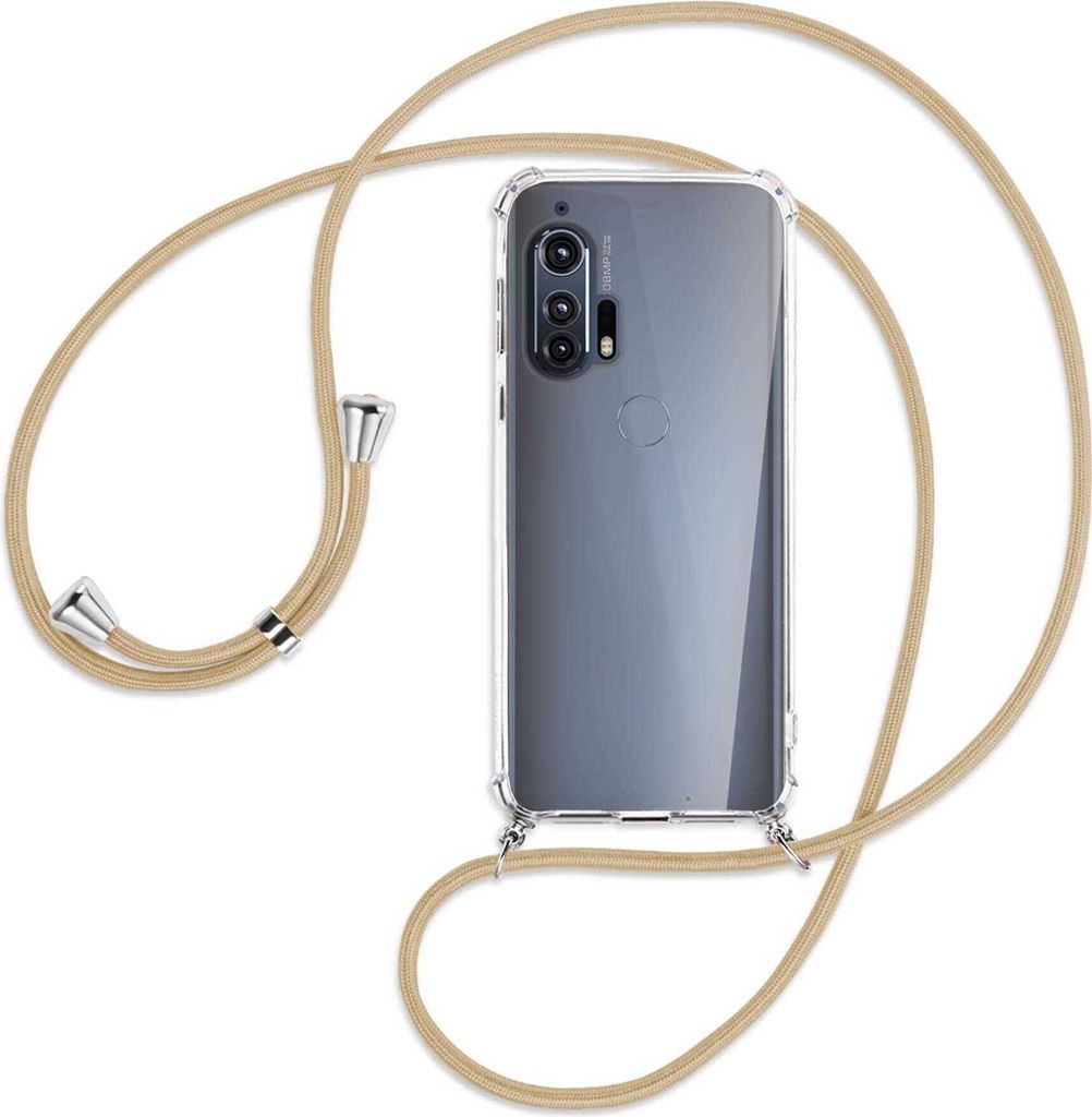 Handykette Backcover-Schutzhülle mit Band (Metall silberfarben) für Motorola Edge Plus - caramel