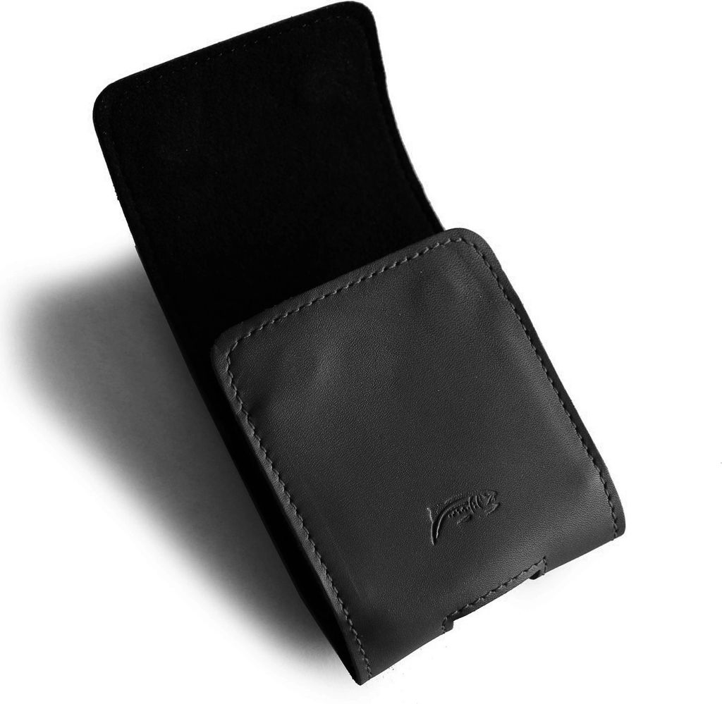 A black leather flip sleeve for a phone, shown open.
