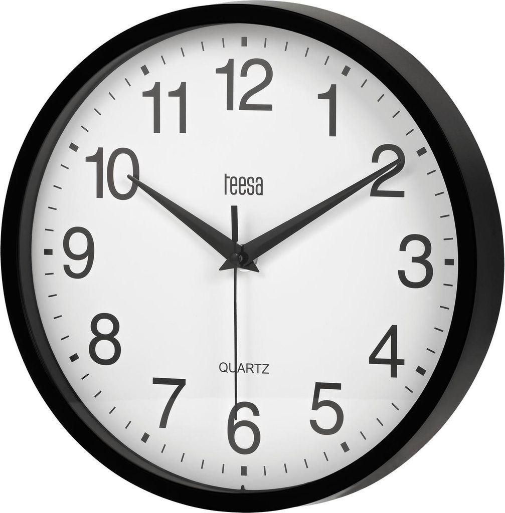 A black and white analog wall clock with a black frame and a white face, displaying numbers and hands.