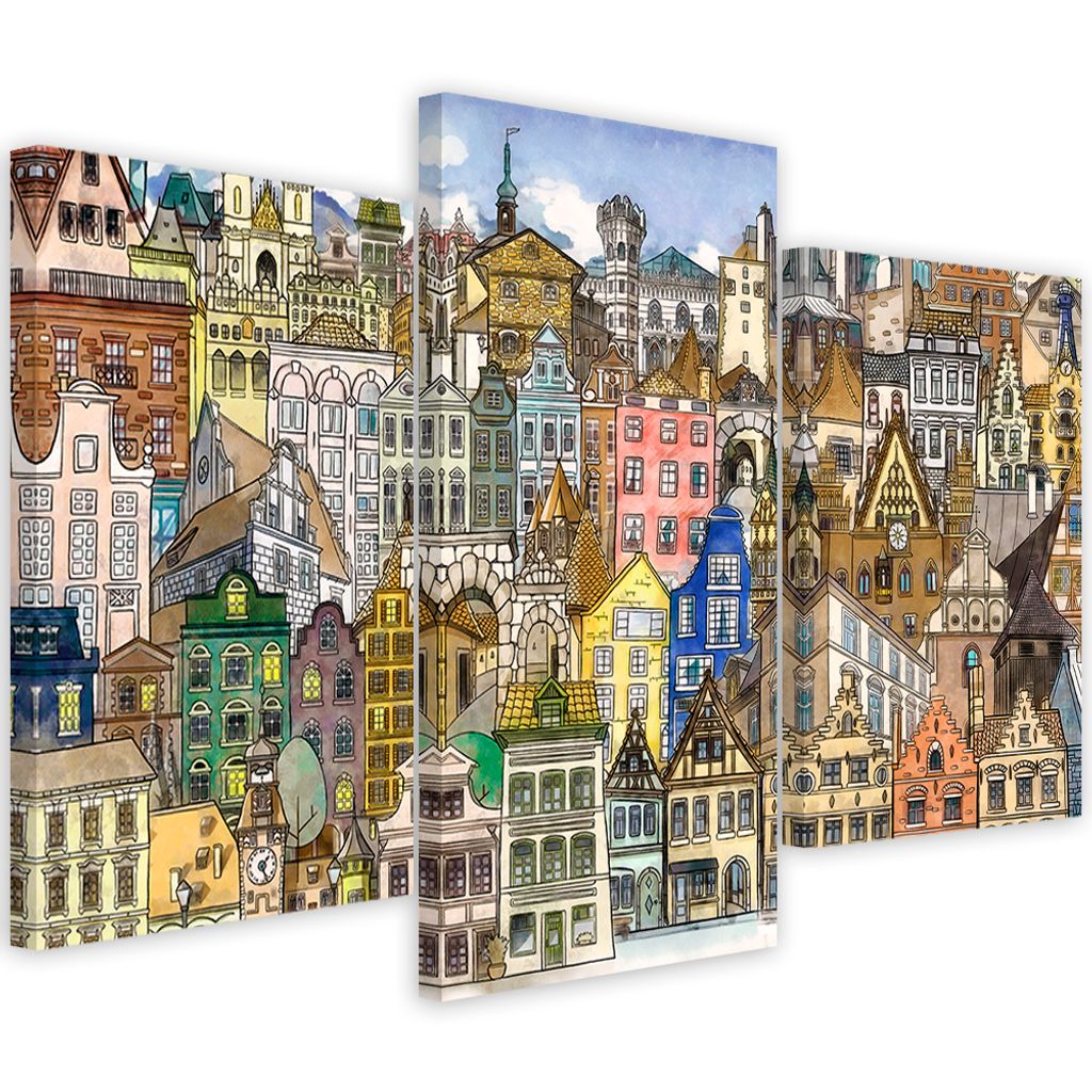 Triptychon auf leinwand fröhliche stadt 120x80 cm Feeby farbe wandbild bereit zum aufhängen