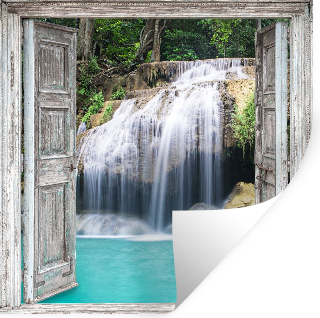 MuchoWow Wandtattoo Wandsticker Wandaufkleber Aussicht - Wasserfall - Natur - Landschaft 30x30 cm Selbstklebend und Repositionierbar - Reposition...