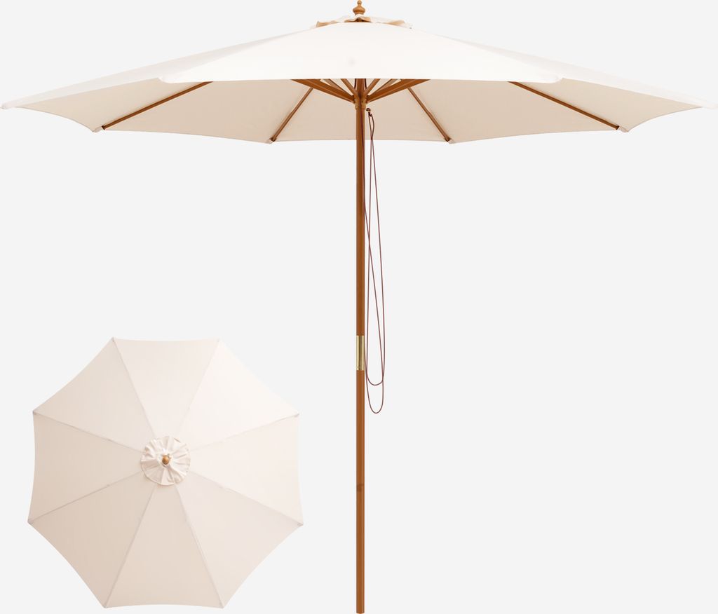 A beige patio umbrella is shown in two views: fully open and closed.