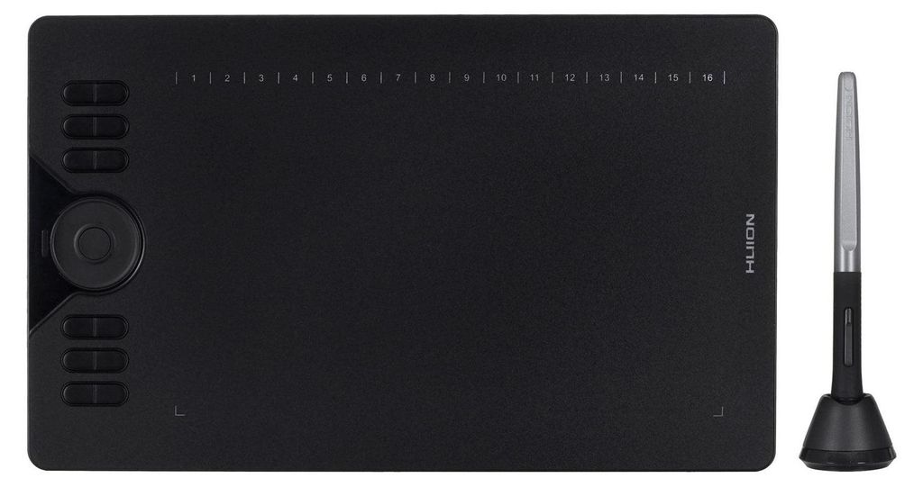 A black graphic tablet and stylus are shown on a white background.