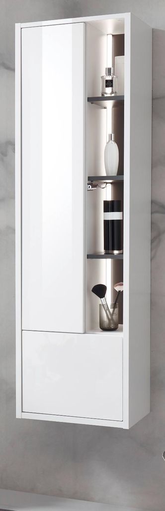 Badezimmer Hochschrank "Glide" in weiß Hochglanz und grau inkl. Beleuchtung 45 x 150 cm