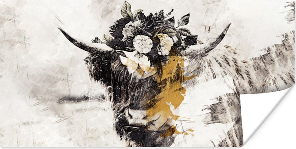 MuchoWow Poster Schottischer Highlander - Blumen - Gold 150x75 cm - ohne Rahmen