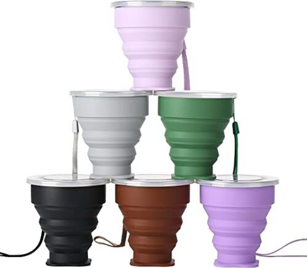 XSEXO 6 Stück Faltbarer Travel Cup mit Deckel, aus Silikon, faltbar, erweiterbar, wiederverwendbar, geeignet für Camping und Wandern