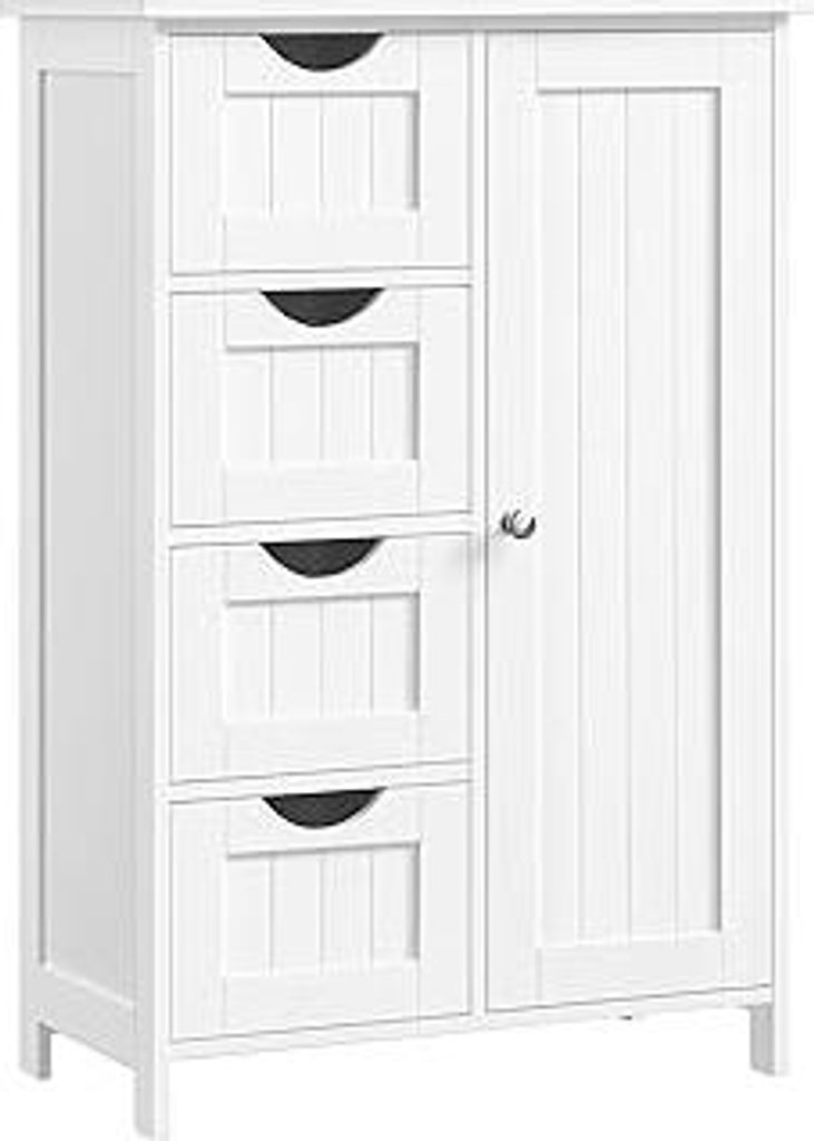 VASAGLE Badezimmerschrank, schmaler Badschrank, Beistellschrank, Kommode, mit 4 Schubladen, Schranktür, verstellbare Ablage, 30 x 55 x 82 cm, wei...