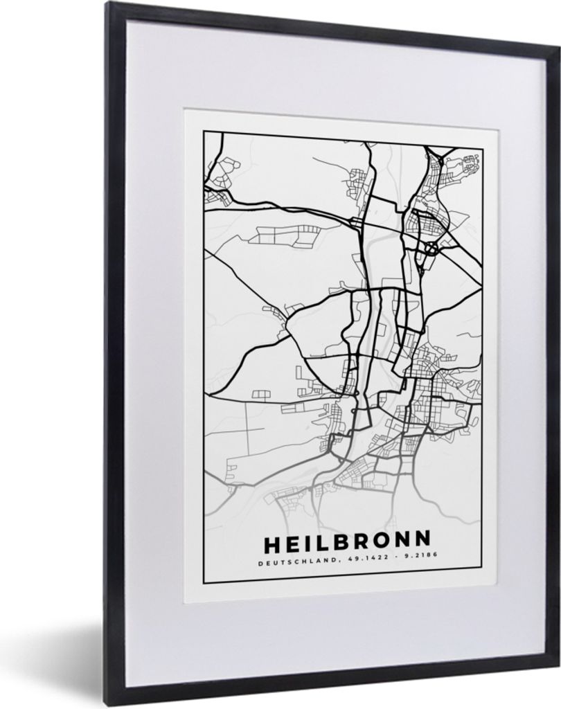 MuchoWow Gerahmtes Poster Karte - Heilbronn - Stadtplan 30x40 cm - Poster mit Schwarzem Bilderrahmen Wandposter Rahmen Foto Bilder - Wandposter S...