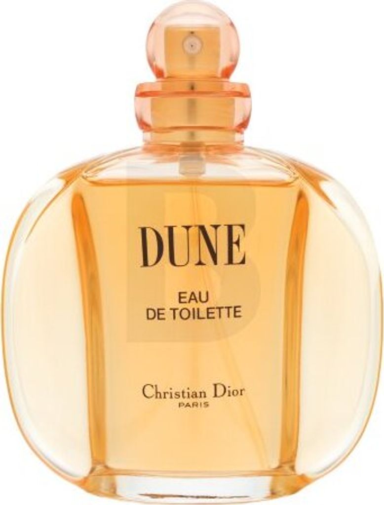 A close-up studio shot of a Christian Dior Dune Eau de Toilette perfume bottle.